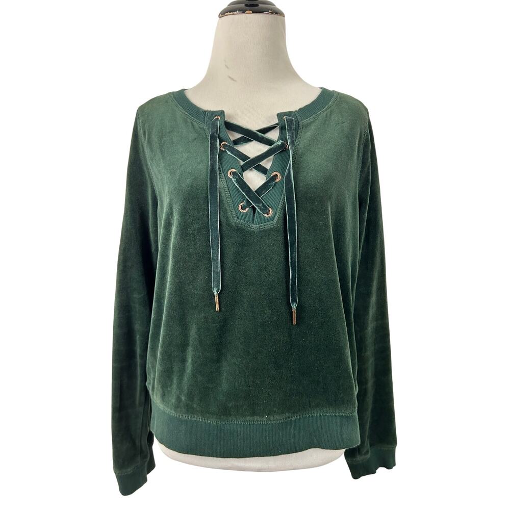 Betsey Johnson Performance Green Velour Lace Up Sweatshirt Pullover Velvet Top M